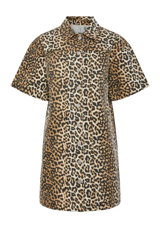 Luxury Shirt Dress-Y.A.S Leonora Leopard Print Denim Shirt Dress, Nomad