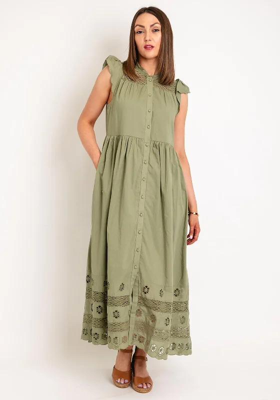 Women's Casual Button Shirt Dress-Y.A.S Olivia Long Shirt Dress, Oil Green