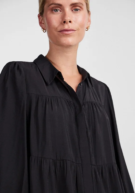 Women's Long Sleeve Shirt Dress with Belt-Y.A.S Pala Mini Tiered Shirt Dress, Black
