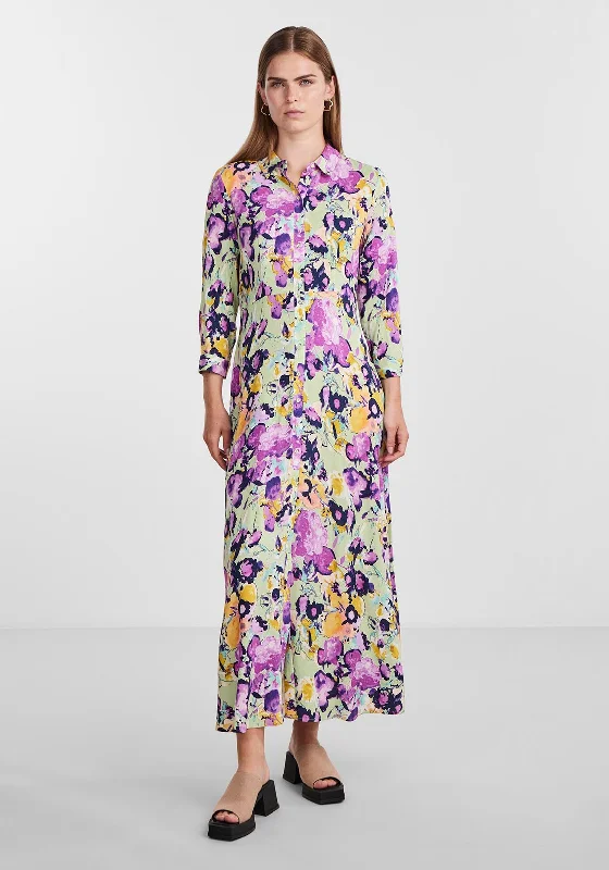 Comfortable Denim Shirt Dress-Y.A.S Avanna Floral Maxi Shirt Dress, Quiet Green