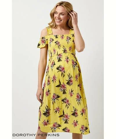 Maternity Dresses with Soft Gathered Waist -Yellow Maternity Shirred Floral Print Dress Maternity Dresses with Soft Gathered Waist -Yellow Maternity Shirred Floral Print Dress