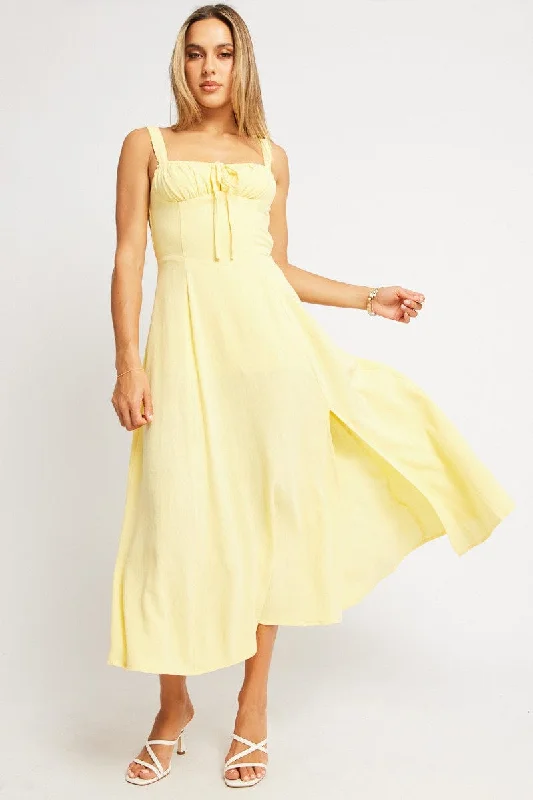 Women's Double Split Maxi Dress-Yellow Maxi Dress Corset Detailed