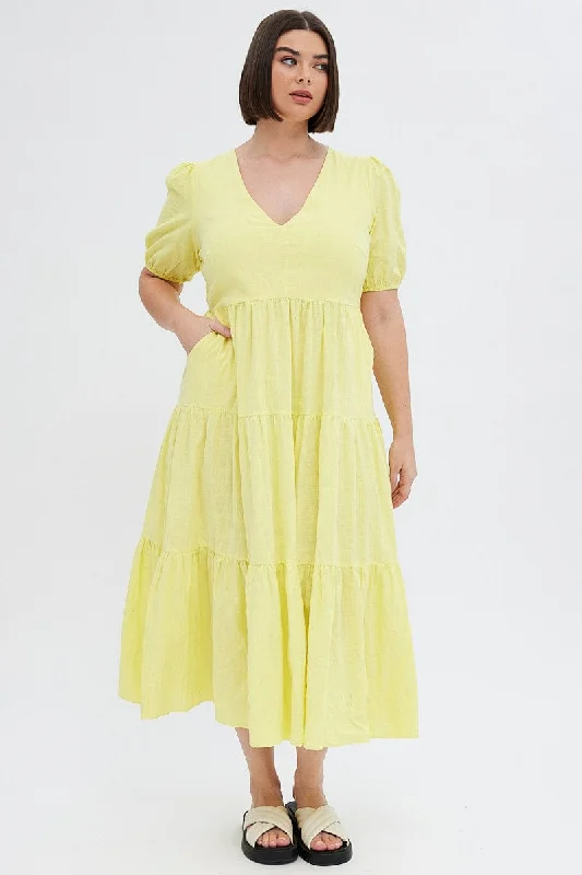 Women's Spaghetti Strap Maxi Dress-Yellow Maxi Dress Tiered Puff Sleeve V-neck