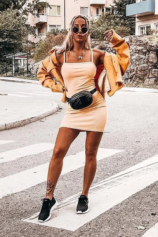 Bodycon Dress with Sweetheart Neck -Yellow White Stripe Cami Bodycon Mini Dress - Edeline