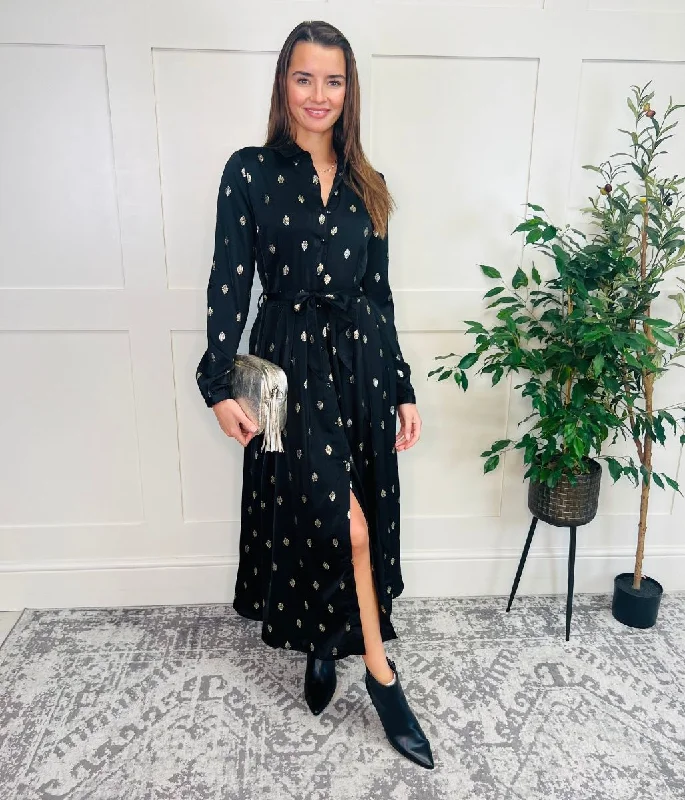 Women's Soft Cotton Shirt Dress-Zara Black Metallic Print Midaxi Shirt Dress
