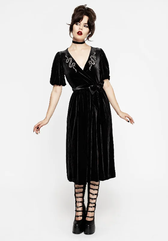 Chic Wrap Dress for Party -Sexy Black Wrap Dress for Evening -Zarina Embroidered Midi Wrap Dress - Black Chic Wrap Dress for Party -Sexy Black Wrap Dress for Evening -Zarina Embroidered Midi Wrap Dress - Black