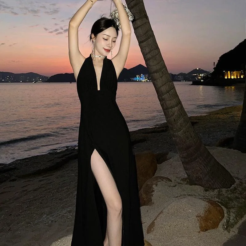 Women's Embroidered Maxi Dress-Zenith Halter neck Maxi Dress in Black