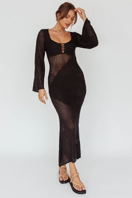 Women's Bohemian Maxi Dress-Zizi Long Sleeve Crochet Maxi Dress Black