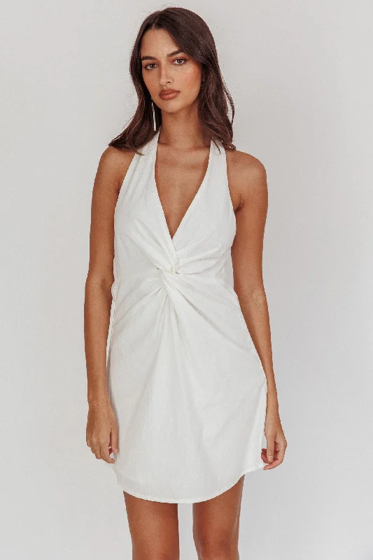 Women's Buttoned Mini Dress-Zoriah Twist Bust Halterneck Mini Dress White