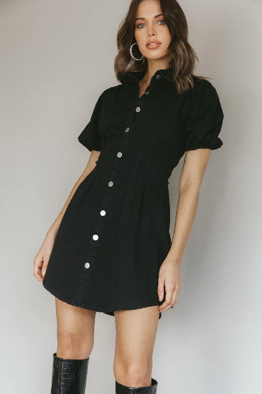 Button-up Cotton Shirt Dress-Zurich Pleated Waist Shirt Dress Black