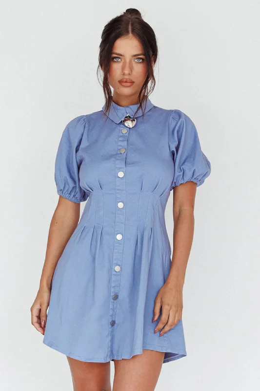 Casual High-neck Shirt Dress-Zurich Pleated Waist Shirt Dress Blue