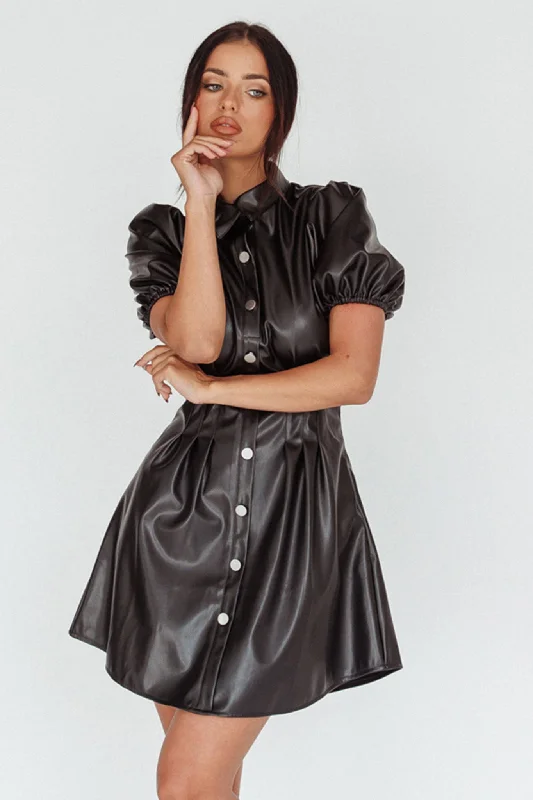 Silk Floral Shirt Dress-Zurich Pleated Waist Shirt Dress Faux Leather Black