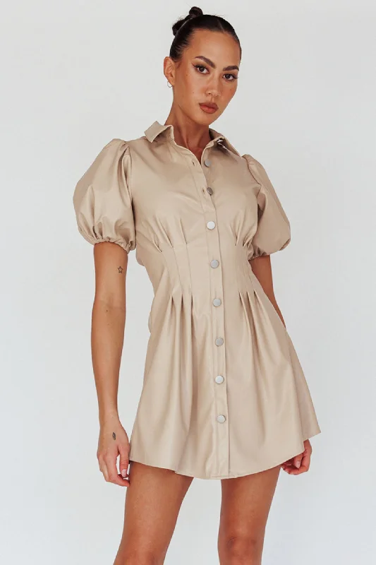 Women's Tunic Shirt Dress-Zurich Pleated Waist Shirt Dress Faux Leather Nude
