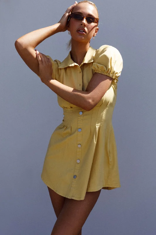 Embroidered Shirt Dress-Zurich Pleated Waist Shirt Dress Light Yellow