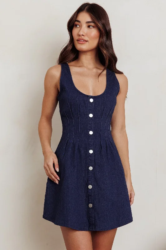 Women's Ruffle Hem Mini Dress-Zurich Sleeveless Denim Mini Dress Dark Blue