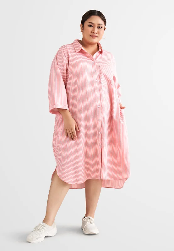 Wraparound Shirt Dress-Leandra Stripes Long Shirt Dress - Pink
