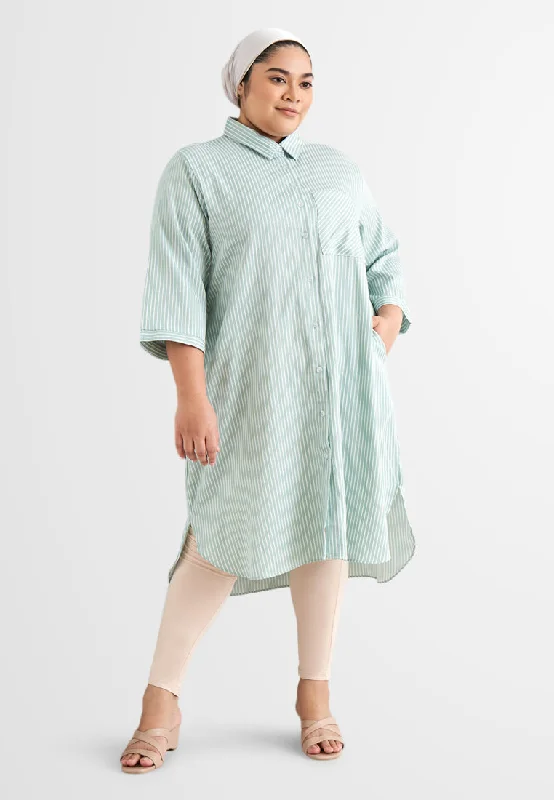 Casual Loose Shirt Dress-Leandra Stripes Long Shirt Dress - Green