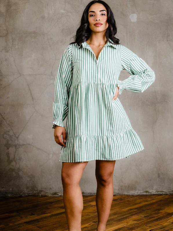 Party Shirt Dress-Aleesha Tiered Mini Shirtdress - Green Cabana Stripe