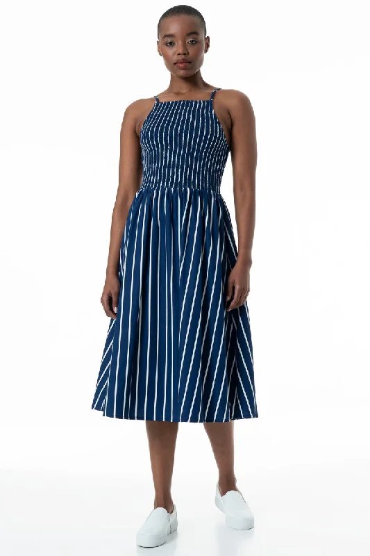 Women's Elegant Lace Midi Dress-Fit And Flare Striped Dress _ 152892 _ Blue