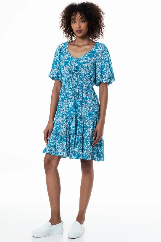 Women's Pleated Tulle Midi Dress-Puff Sleeve Tierred Dress _ 152173 _ Blue