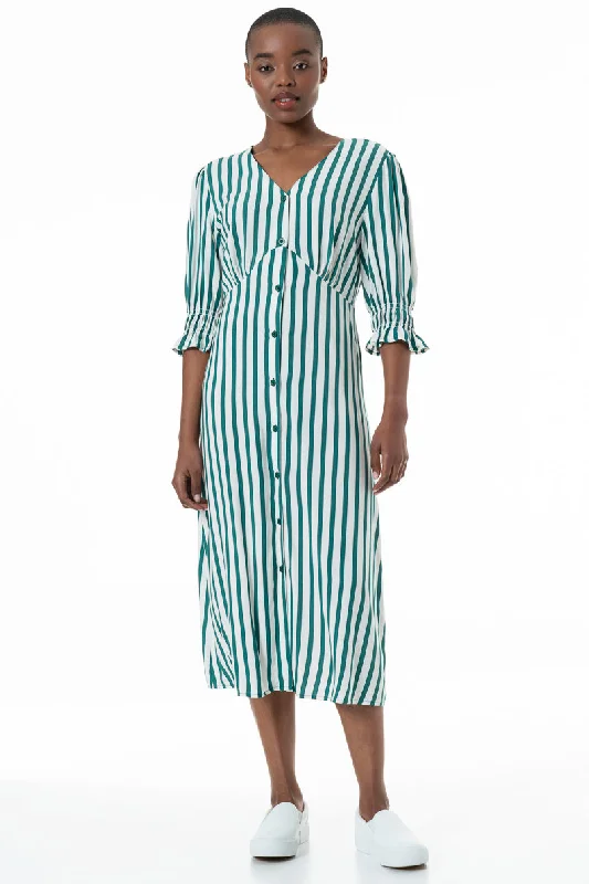 Women's Pleated Ruffle Midi Dress-Striped Dress _ 152175 _ Green