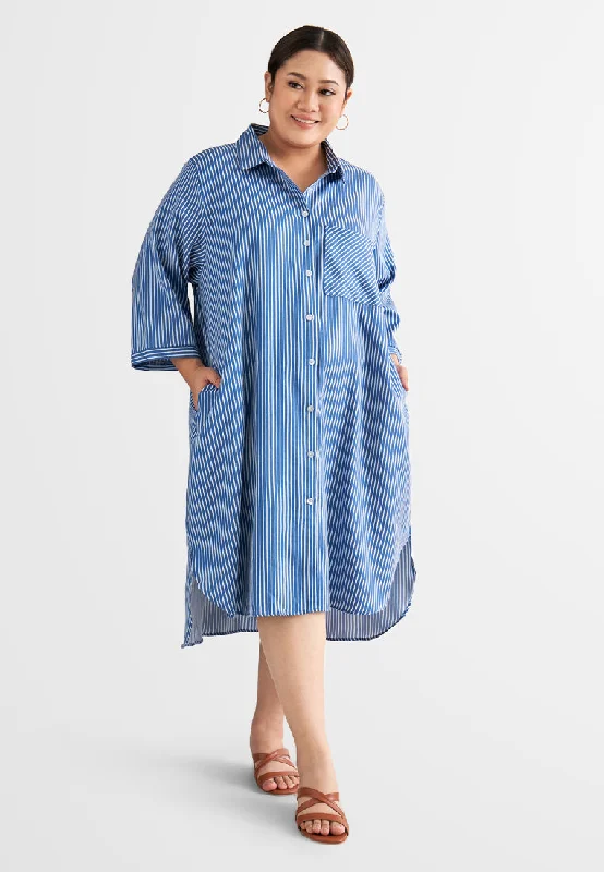 Boat-neck Shirt Dress-Leandra Stripes Long Shirt Dress - Blue