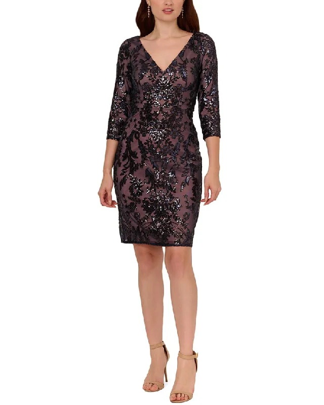 Black and White Shirt Dress-Adrianna Papell Beaded V-Neck Short Dress