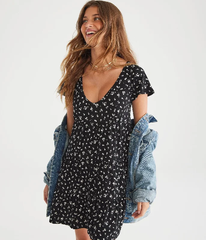 Doll Dress with Tiered Skirt -Aeropostale Floral V-Neck Babydoll Dress