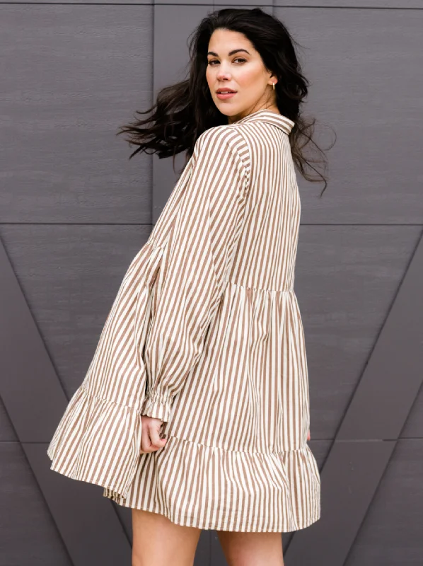 Soft Shirt Dress-Aleesha Tiered Mini Shirtdress - Brown Cabana Stripe