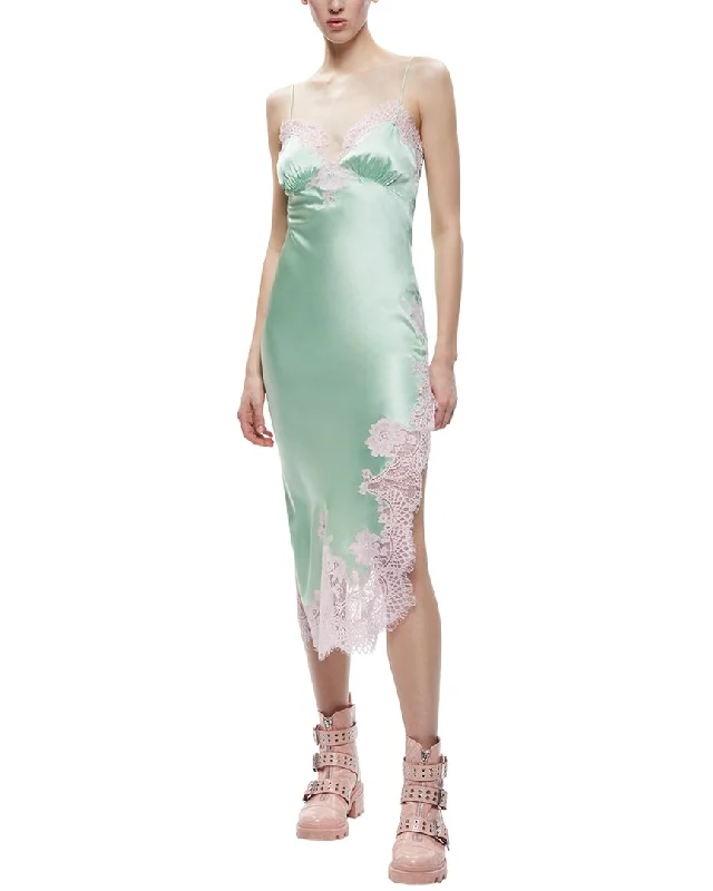 Evening Silk Slip Dress -Red Satin Slip Dress with Back Detail -alice + olivia Kerr Lace Trim Midi Slip Dress