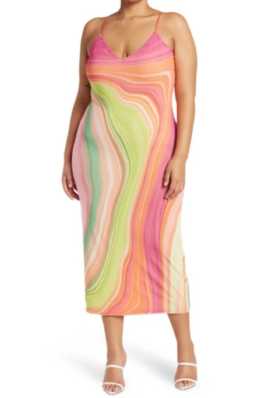 Romantic Silk Slip Dress -Women's Casual Silk Slip Dress -Amina Power Mesh Midi Slip Dress In Abstract Spring Wave