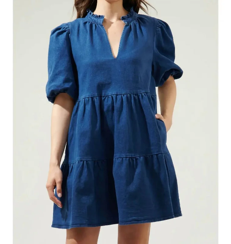 Doll Dress with Printed Bodice -Aura Jacey Denim Babydoll Dress