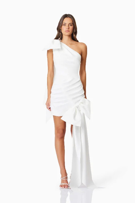 Boho Party Dress for Casual Style -Bethany Mini Bow Party Dress In White