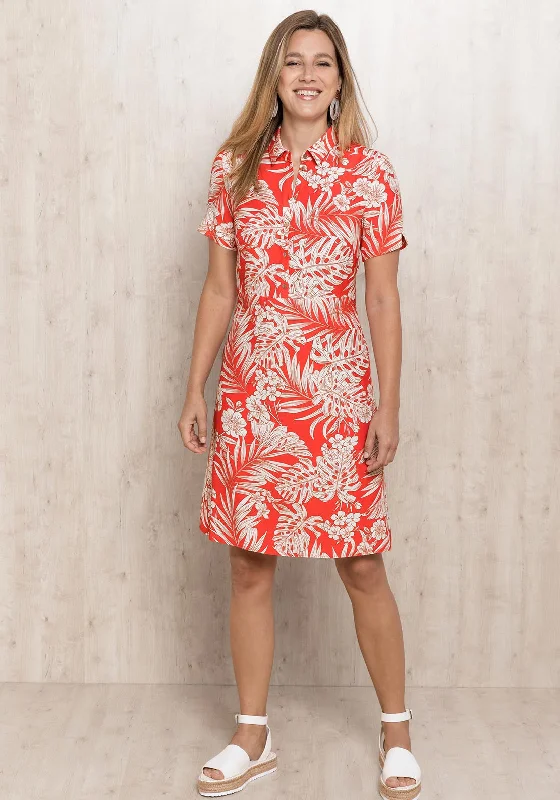 Striped Shirt Dress-Bianca Dorine Leaf Pattern Shirt Dress, Pink