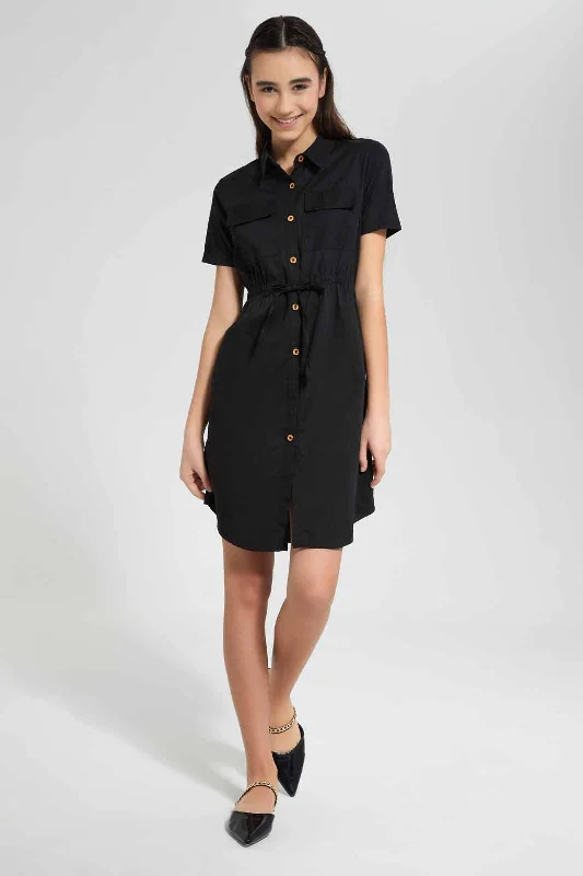 Women’s Classic Denim Shirt Dress-Black Front Tie Shirt Dress