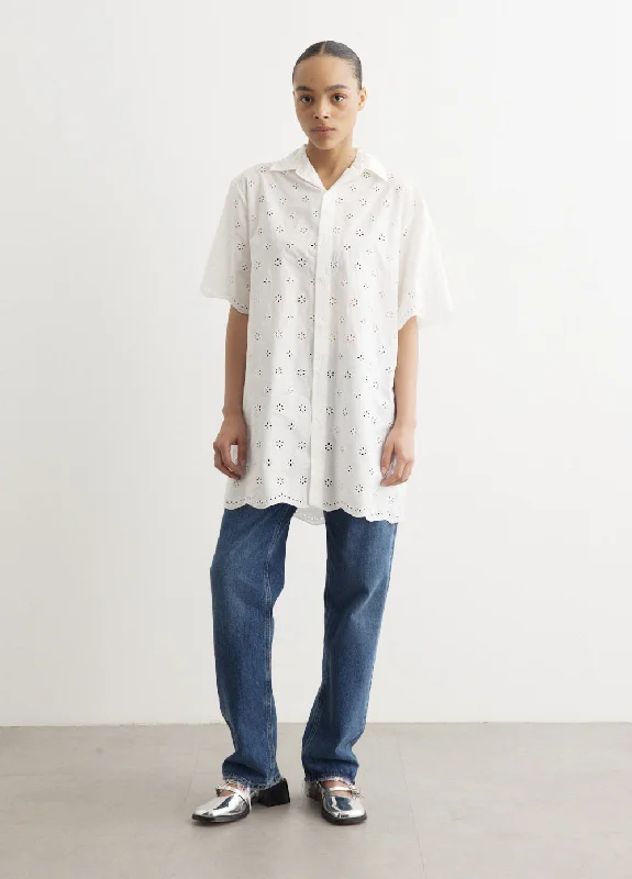 Sleeveless Cotton Shirt Dress-Broderie Mini Shirt Dress