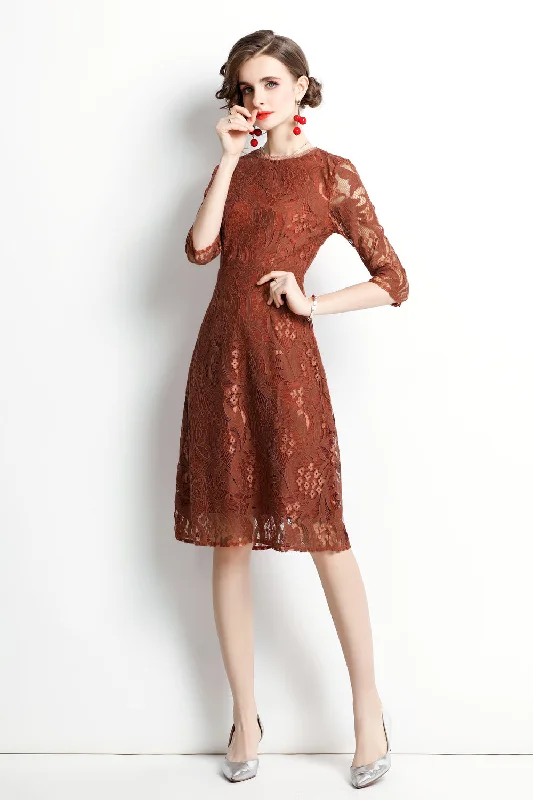 Bright Yellow Party Dress for Summer -Brown Cocktail & Party A-line Crewneck Elbow Sleeve Knee Lace Dress Bright Yellow Party Dress for Summer -Brown Cocktail & Party A-line Crewneck Elbow Sleeve Knee Lace Dress