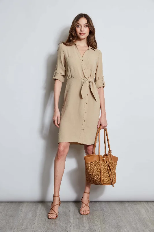 Loose-fitting Cotton Shirt Dress-Utility Tie Shirt Dress