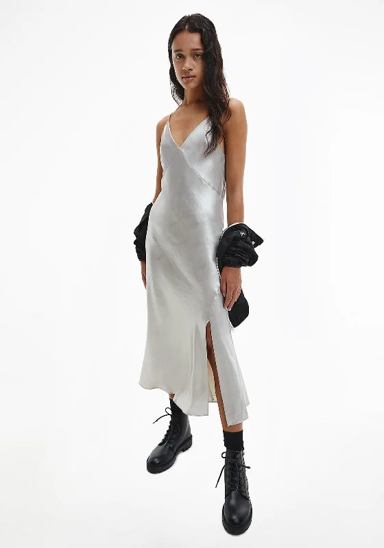 Slip Dress with Chiffon Overlay -Slip Dress for Spring -Calvin Klein Jeans Womens Metallic Satin Slip Dress, Silver