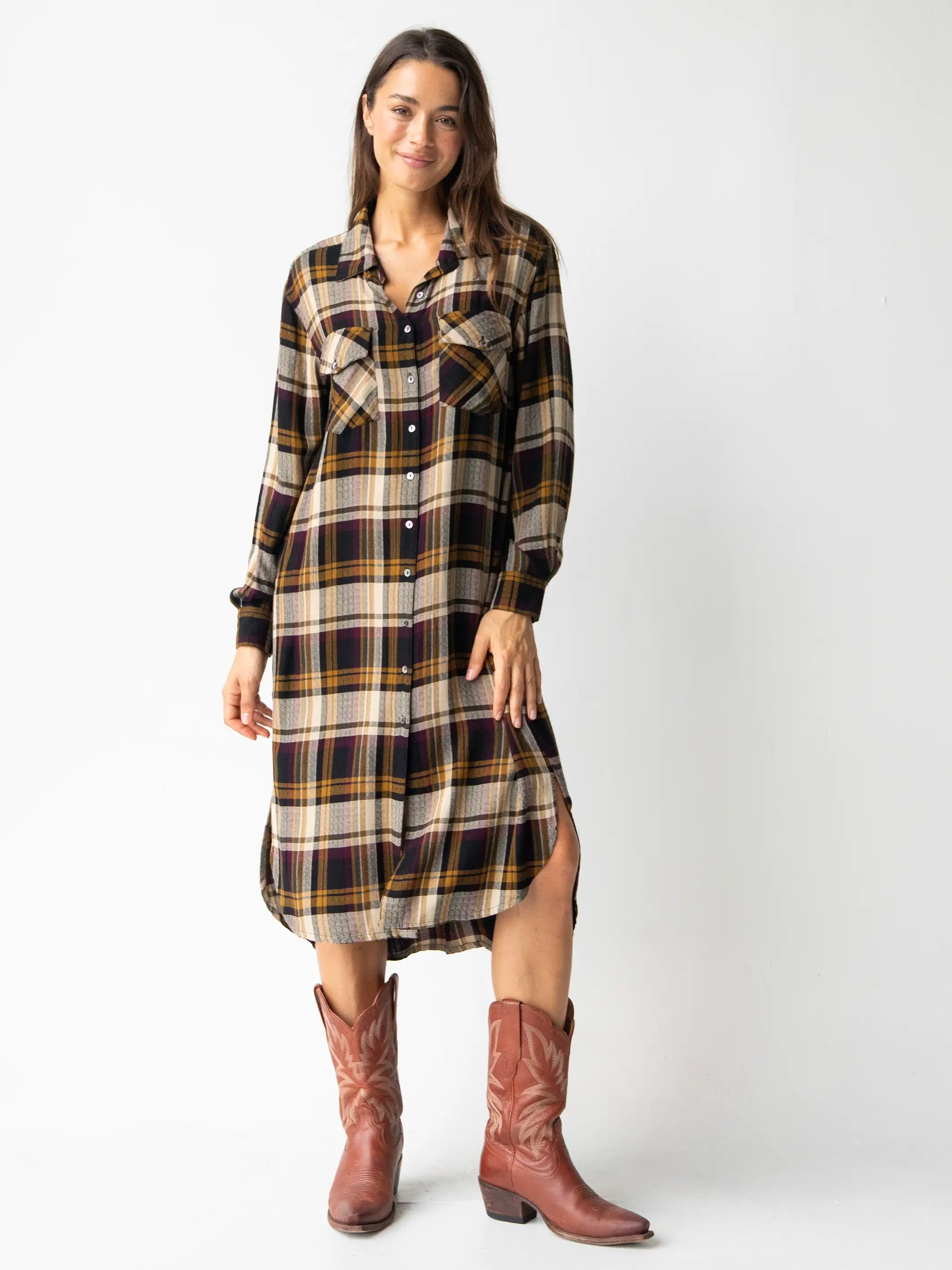 Simple Cotton Shirt Dress-Cooper Flannel Shirt Dress - Black Tan Plaid