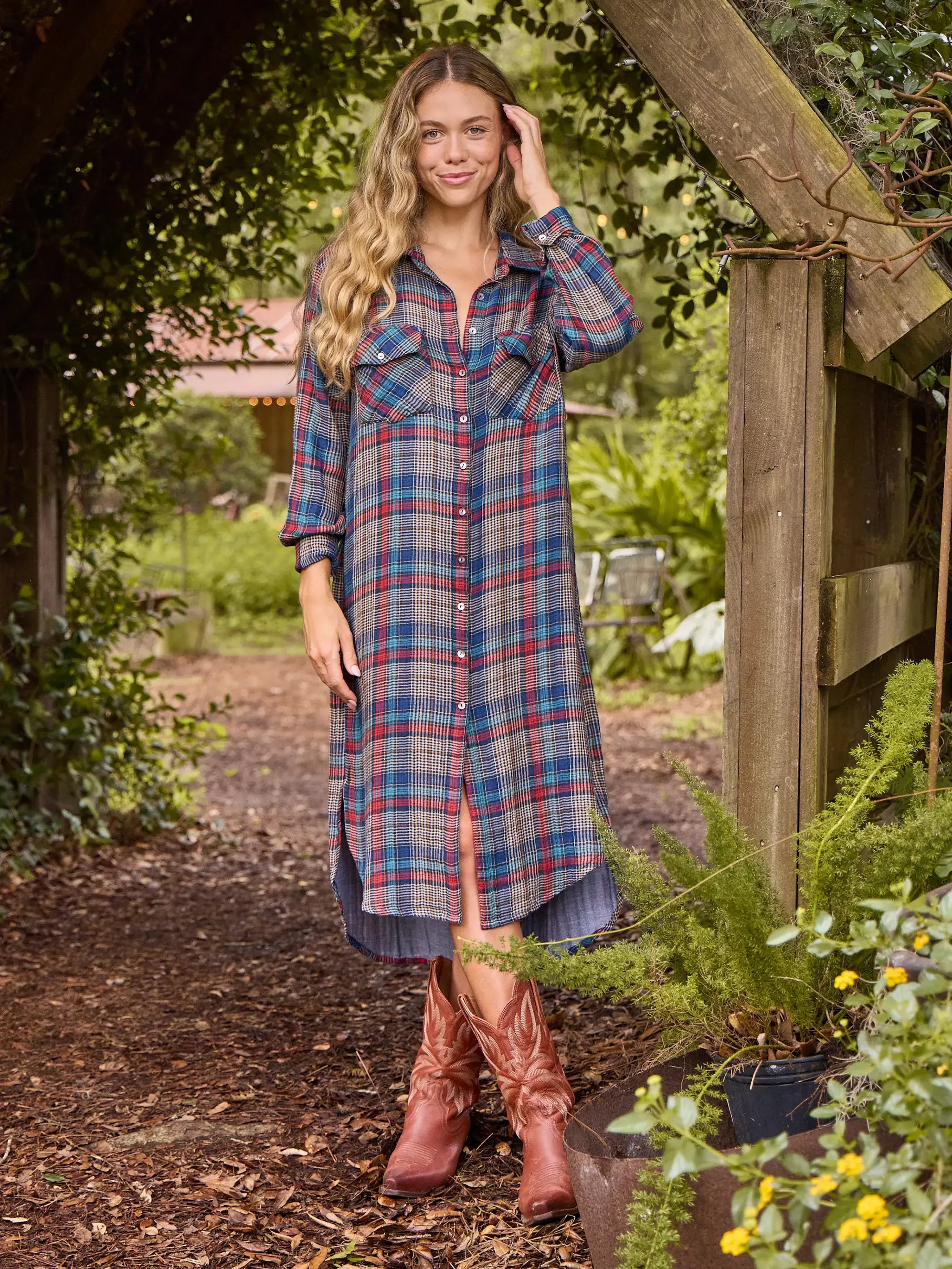 Plaid Wool Shirt Dress-Cooper Flannel Shirt Dress - Navy Red Plaid