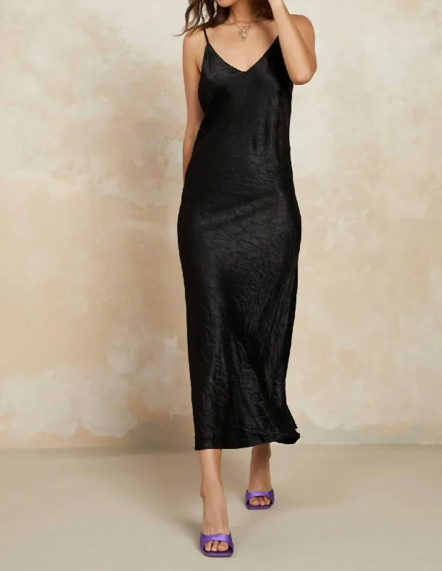 Trendy Satin Slip Dress -Silk Slip Dress with Ribbon Detail -Crinkle Slip Dress With Lace Back In Black