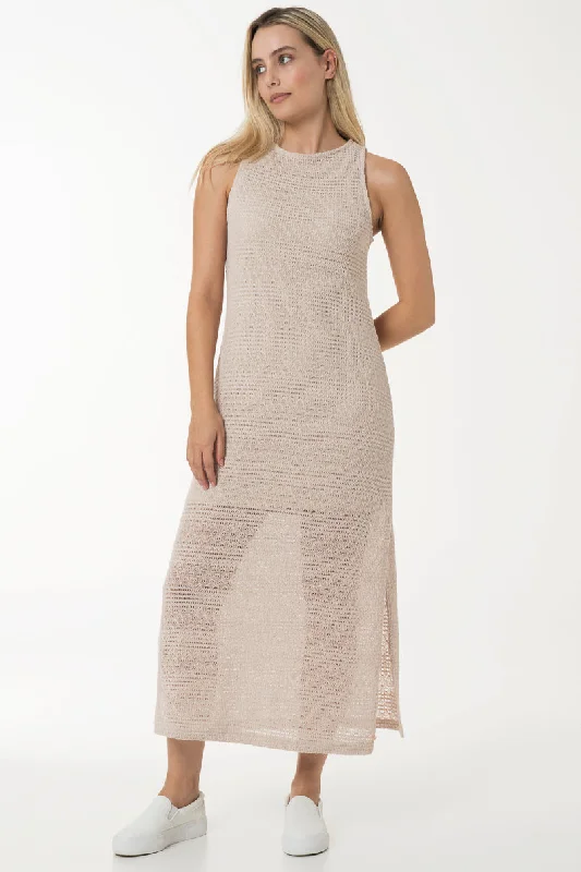 Women's Deep V-neck Midi Dress-Crochet Shift Dress _ 150045 _ Stone