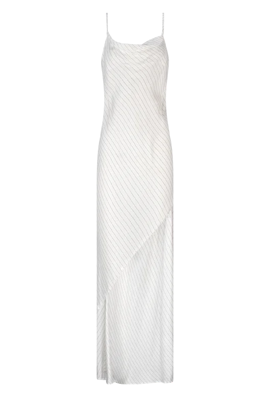 Floral Satin Slip Dress -Women's Casual Black Slip Dress -CURAAE Bella Maxi Cowl Neck Pinstripe Slip Dress In White