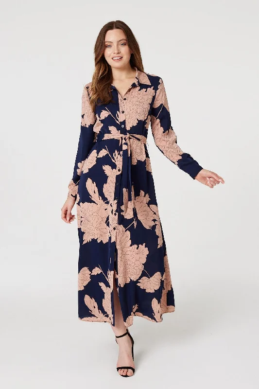 Office Casual Shirt Dress-Monochrome Floral Shirt Dress