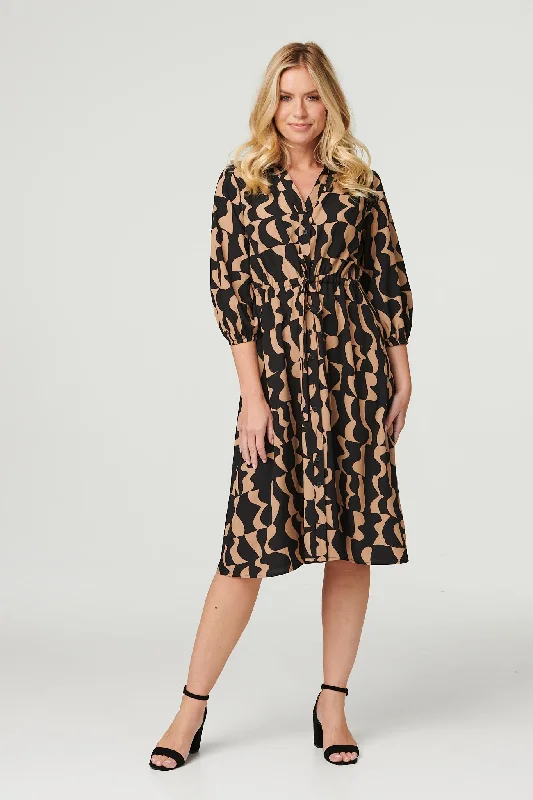 Shirt Dress with Pockets-Printed Drawstring Shirt Dress