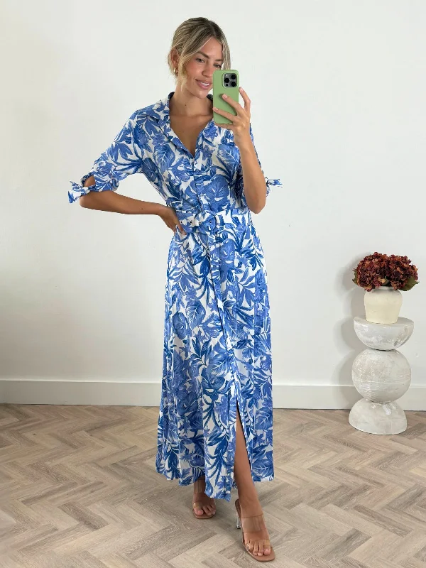 Women's Casual Summer Shirt Dress-Daphne Belted Shirt Dress / Palm Print