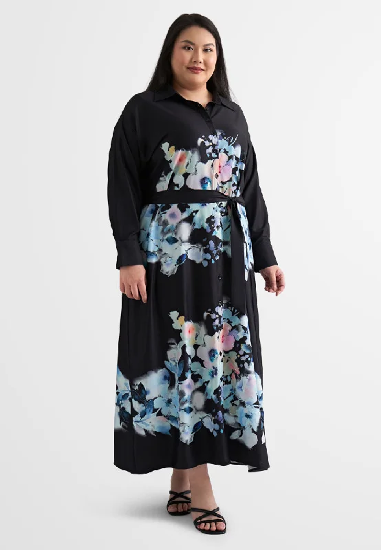 Shirt Dress with Flare-Alexa Floral Belted Long Shirt Dress