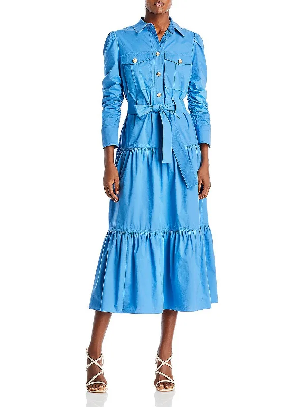 Black A-line Shirt Dress-Donna Womens Tiered Collared Shirtdress