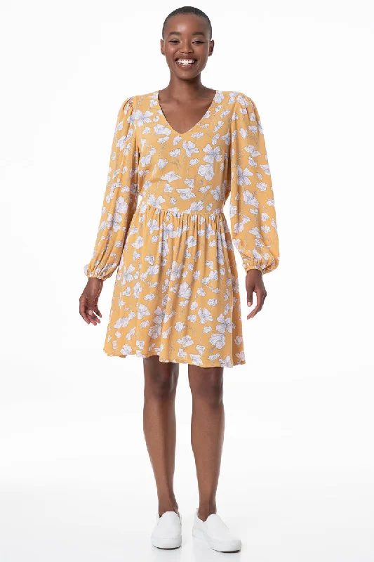 Women's Puff Sleeve Midi Dress-Fit And Flare Dress _ 145775 _ Yellow